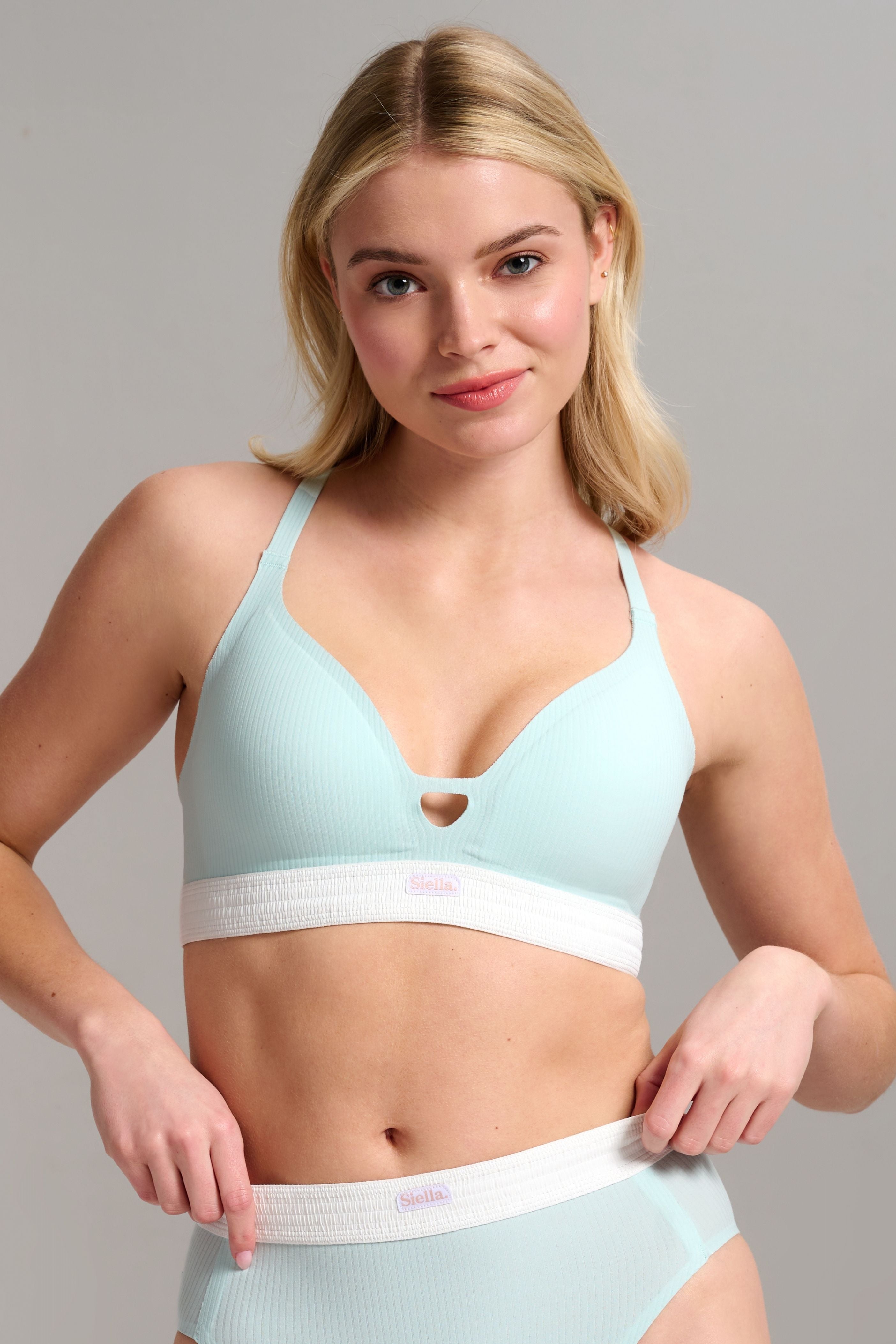 Organic Cotton Rib V-Neck Foam Bra - Siella - Color: Aqua Mist Aqua
