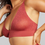 Soft Lace Plunge Non-Padded Bra - SIELLA - Color: Rosewood Bois de rose