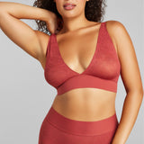 Soft Lace Plunge Non-Padded Bra - SIELLA - Color: Rosewood Bois de rose